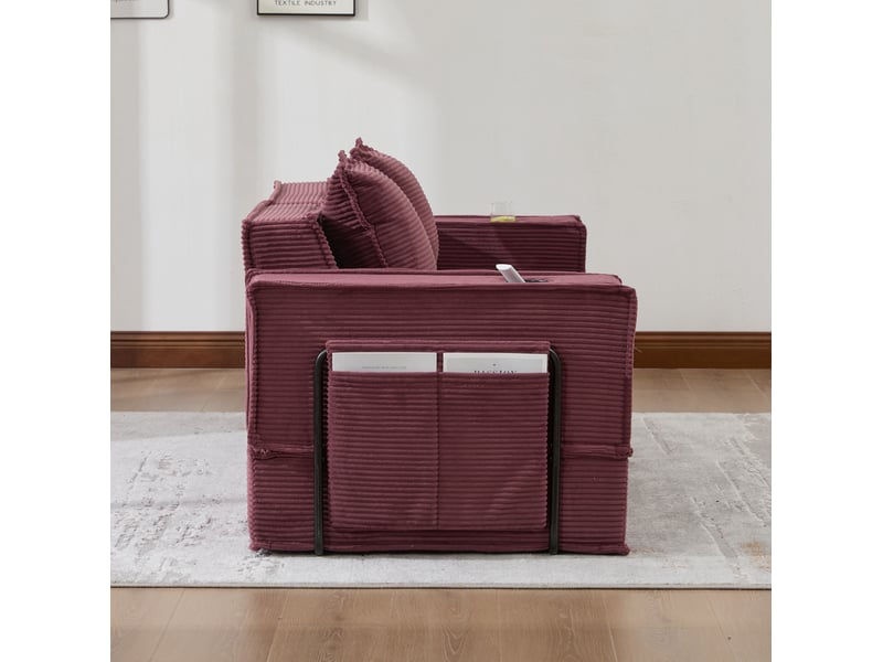  Canapé droit convertible 2 places en velours côtelé rouge bordeaux, modulaire avec rangements latéraux  - Conforama E