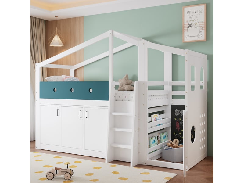 Lit mezzanine enfant 90 × 200 cm 1 place avec armoire de rangement et espace de jeu, sans matelas, blanc - Conforama C