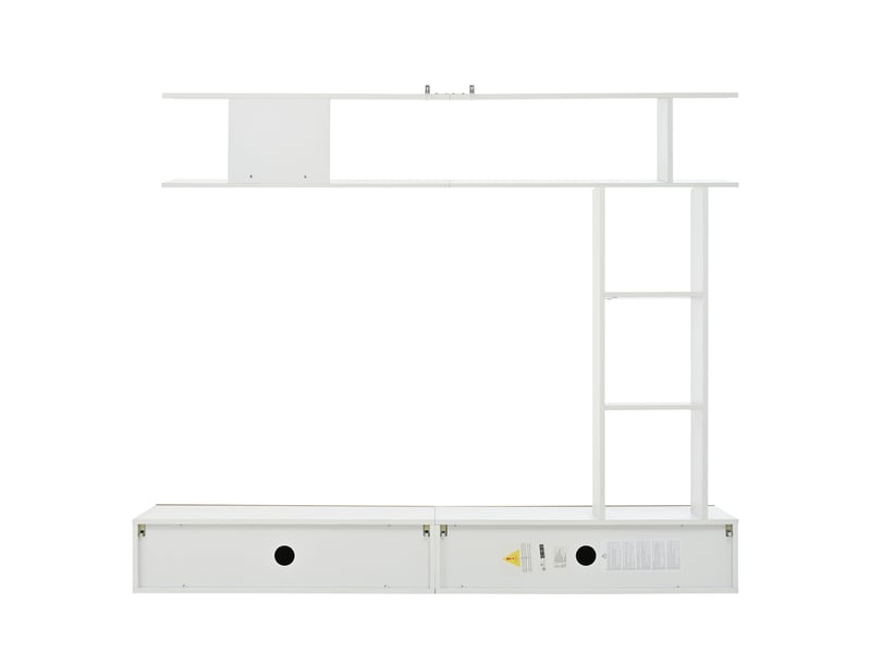  Meuble tv blanc effet bois 180x35x22,5 cm avec rangements muraux et étagère – support écran jusqu’à 80 pouces  - Conforama E
