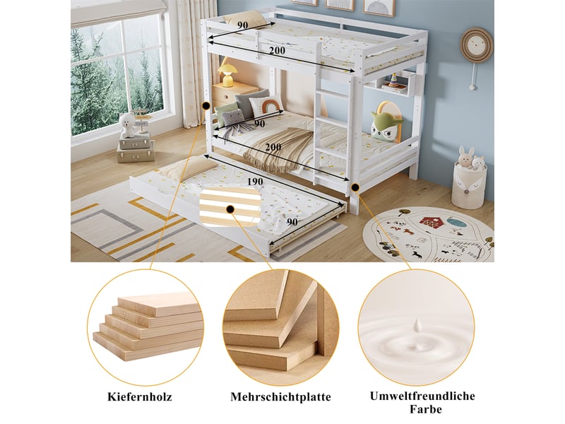  Lit superposé blanc avec roulettes et étagère, sommier inclus  - Conforama E
