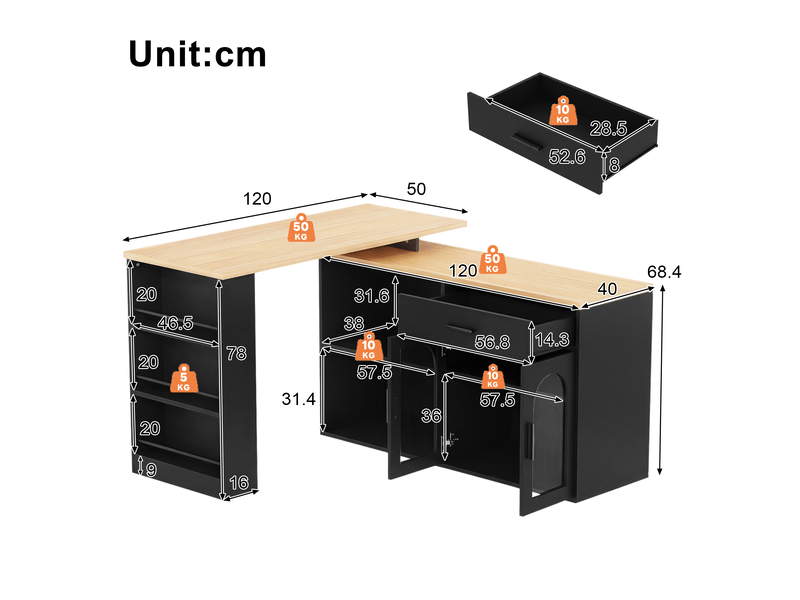 Îlot de cuisine avec plateau pivotant à 360° 136 x 50 x 78 cm, tiroir, étagères, portes vitrées et rangement, noir - Conforama C