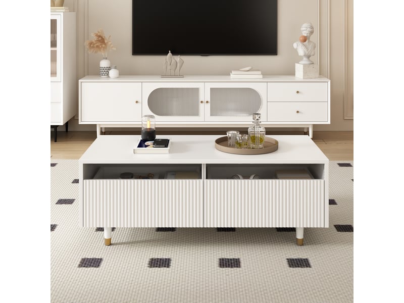  Table basse 110x50x40 cm avec led par application et 2 tiroirs, façades ondulées et pieds en bois massif, mdf, blanc et doré ABC - Conforama E