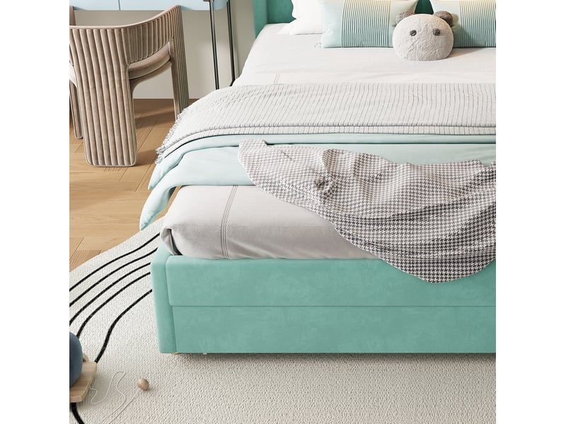 Lit cabane enfant 140 x 200 cm bleu-vert en velours, avec toboggan réversible et rangement en pied de lit - Conforama E