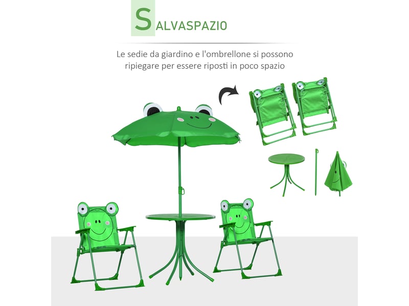 Ensemble de jardin 4 pièces pour enfants comprenant 2 chaises pliantes, un parasol et une table ronde, en acier et tissu oxford, vert. - Conforama E
