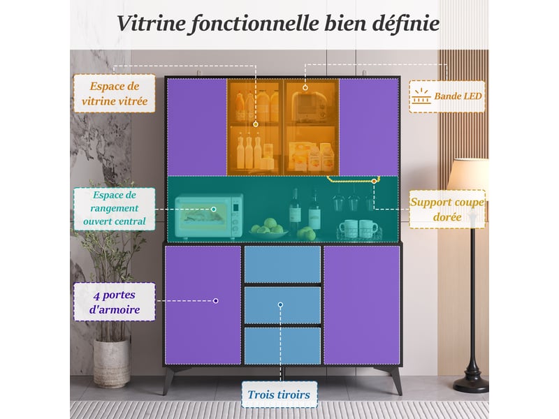 Vaisselier buffet haut armoire de salle à manger vitrine meuble de cuisine noir et blanc éclairage led app porte en verre 3 tiroirs - Conforama E