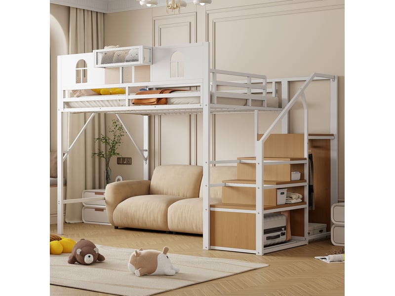  Lit mezzanine en métal 140 x 200 cm avec escalier de rangement et étagère, blanc  - Conforama B