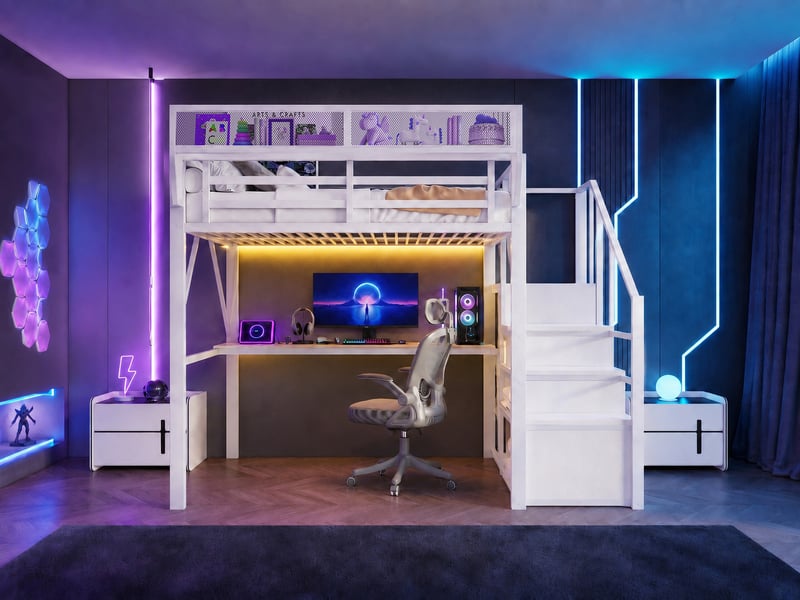  Lit mezzanine 140 × 200 cm avec bureau, rangements et led, blanc  - Conforama B