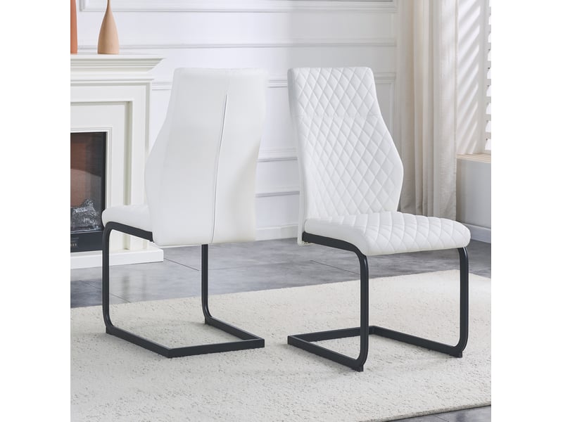  Lot de 2 chaises de salle à manger 43x63x100 cm, chaise cuisine avec dossier haut motif losange, blanc et noir, métal+pu  - Conforama B