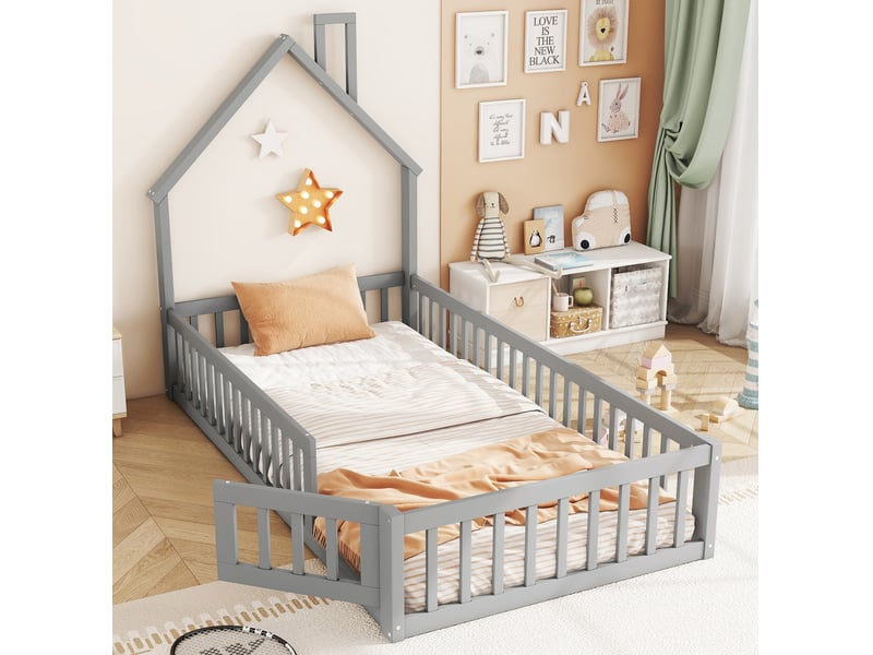  Lit enfant cabane 90x200 cm avec sommier à lattes et barrières gris  - Conforama B