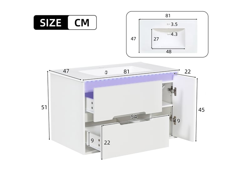 Meuble sous lavabo mural 81 x 47 x 51 cm - blanc - vasque en céramique, led pilotée par application  - Conforama C