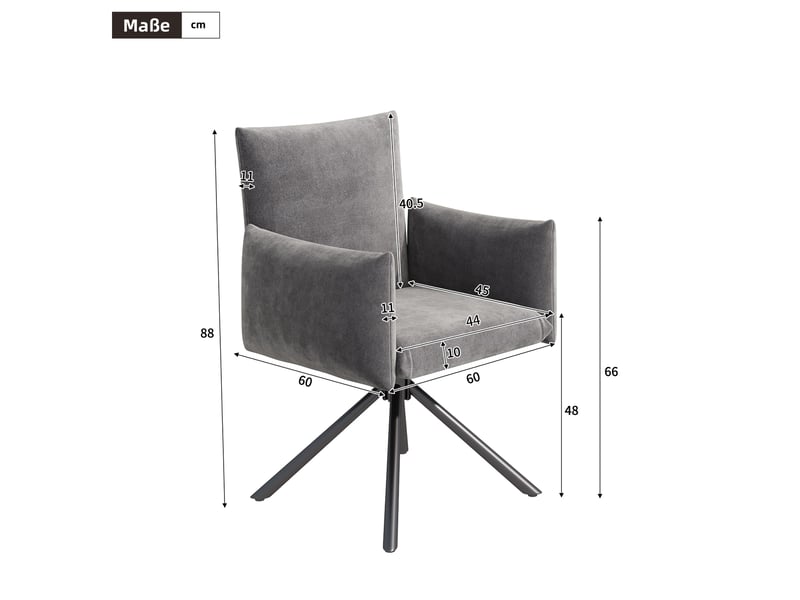  Lot de 4 chaises salle à manger 60x88 cm en velours gris, pivotantes à 360°, 4 pieds métal, fauteuils dotés d'accoudoirs rembourrés  - Conforama C