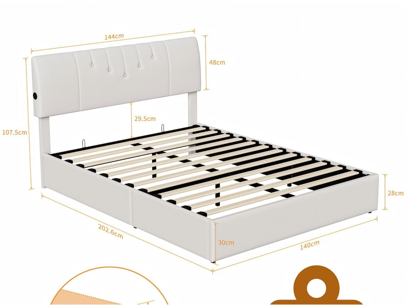  Lit 2 places 140x200 cm - led, usb - velours beige avec sommier à lattes inclus  - Conforama C