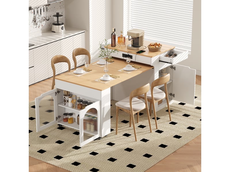 Ilot central de cuisine - 80x55x93cm - desserte extensible avec table, prises, riffglas et roulettes - blanc et bois - Conforama B