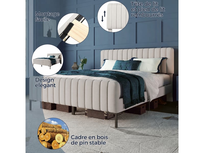 Lit double rembourré 160 x 200 cm, sommier inclus, tête réglable, lin gris beige - Conforama E