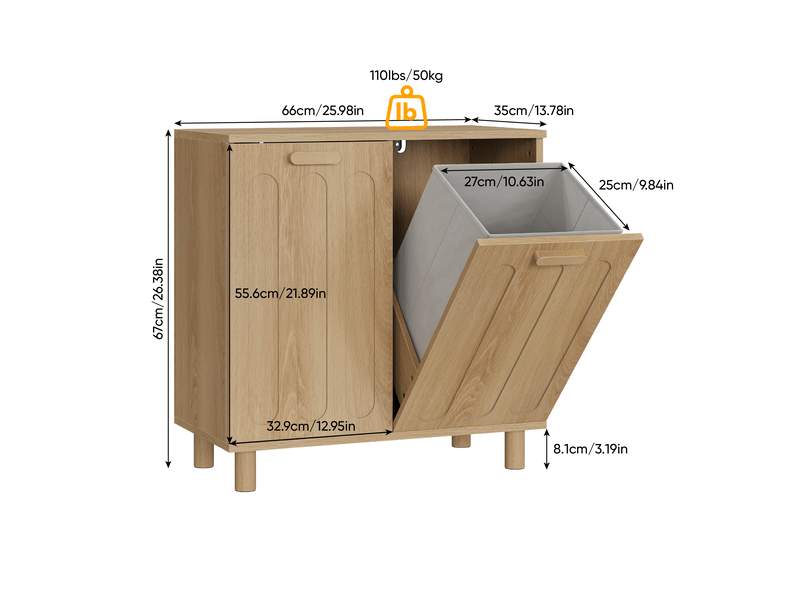  Panier à linge inclinable 66x35x67 cm, grand bac à linge amovible et poignées, armoire de rangement, mdf, couleur chêne  - Conforama C