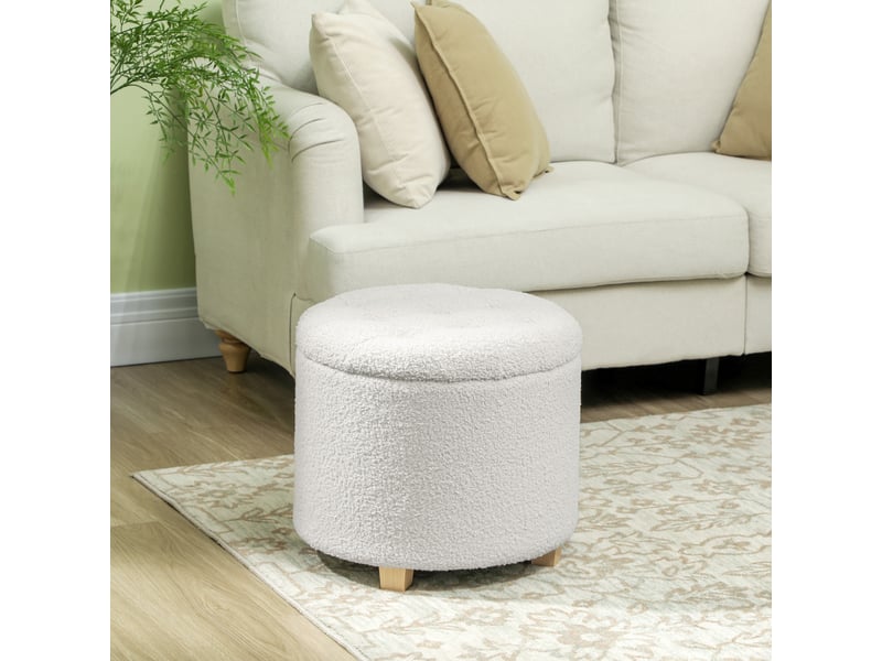  Pouf coffre rangement, tabouret rond, pouf repose-pieds en tissu bouclette, charge 120 kg, blanc,  45 x 41 cm  - Conforama D