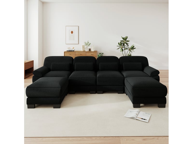 Canapé modulable 4 places modenvie en u avec 2 poufs en velours côtelé noir, assise profonde, 336 x 161 x 94 cm - Conforama D