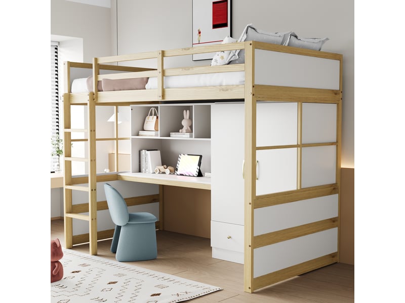  Lit mezzanine 90x200 cm, bureau avec rangements, armoire et tiroirs intégrés, échelle, sommier à lattes, bois massif, coloris bois naturel  - Conforama D