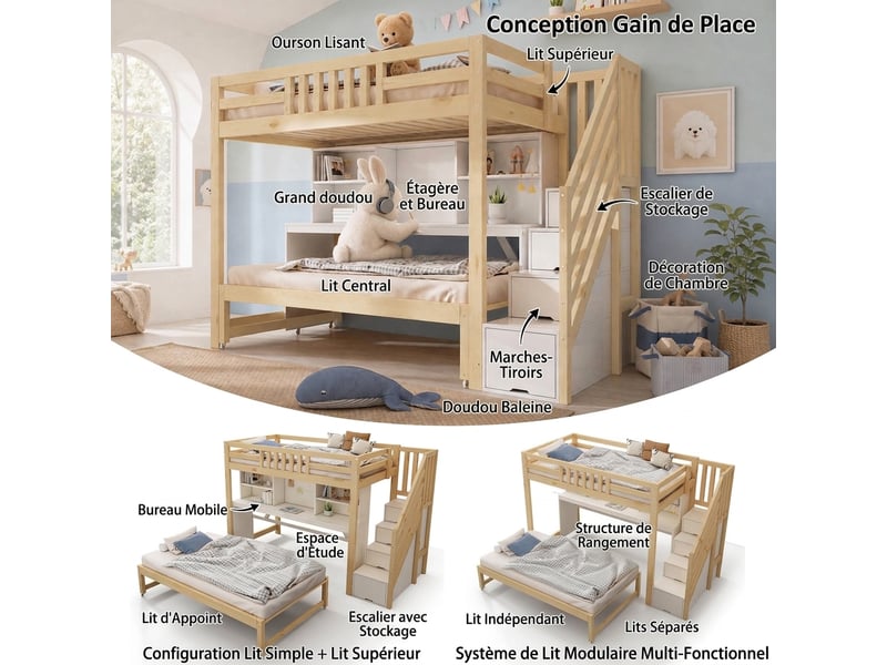 Lit superposé avec bureau 90x200 et lit gigogne à roulettes 90x190 escalier rangement bois blanc chêne - Conforama C