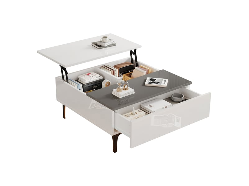  Table basse 70x70x35 cm relevable avec led et rangement blanc et gris  - Conforama A