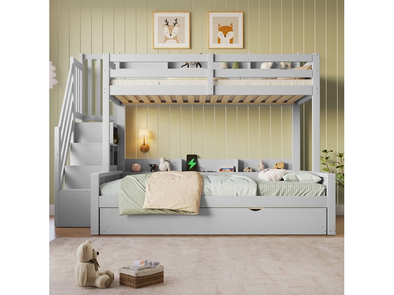  Lit superposé 90x200 cm + 140x200 cm avec lit gigogne, rangement et ports usb, lit enfant 2 couchages, gris, sans matelas  - Conforama B