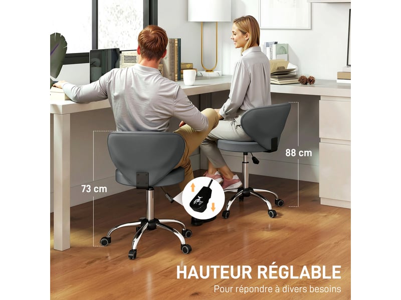  Tabouret de massage à roulettes en pu gris avec hauteur réglable de 73 à 88 cm dossier et rotation à 360 degrés  - Conforama E