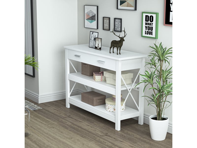  Console, table d'entrée, guéridon avec 2 tiroirs et étagères inférieures, structure en métal, 105 x 40 x 76 cm, blanc  - Conforama D