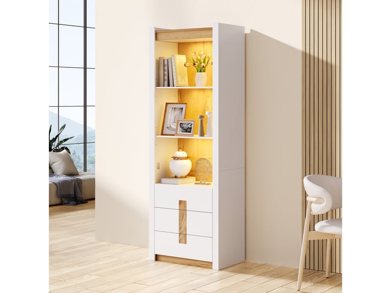 Vitrine blanche 200 cm avec éclairage led, bibliothèque 3 tiroirs 3 rangements, séparateur réglable, salon cuisine salle à manger 55x40x200 cm - Conforama B