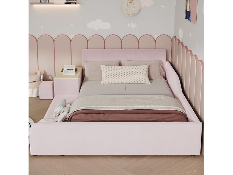  Lit rembourré modenvie 140 x 200 cm avec bureau et tabouret, tablette, tête de lit souple, velours rose  - Conforama D