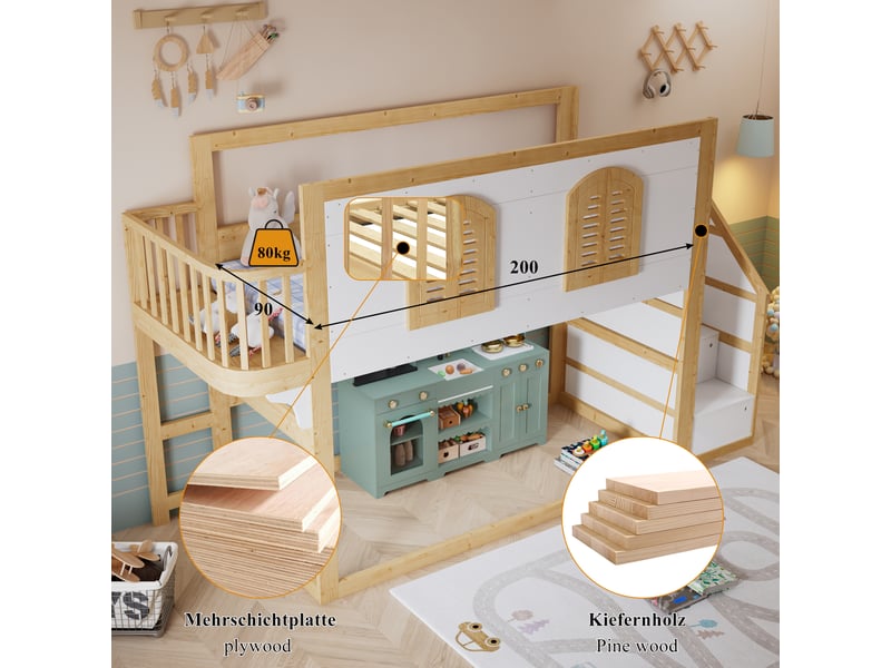 Lit mezzanine 90x200 cm avec escalier rangement et garde-corps, bois blanc et naturel - Conforama C