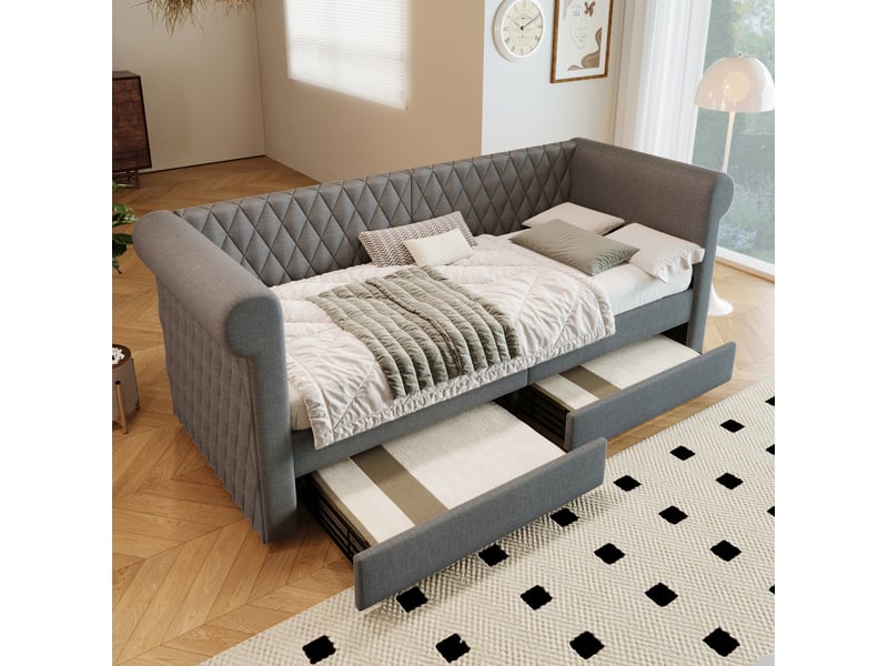 Lit banquette vintage 90x200 cm gris en tissu lin avec 2 tiroirs - Conforama C