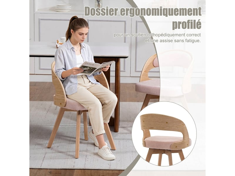  Lot de 2 chaises de salle à manger en lin rose, chaises de cuisine modernes avec assise pivotante et pieds en bois massif  - Conforama E