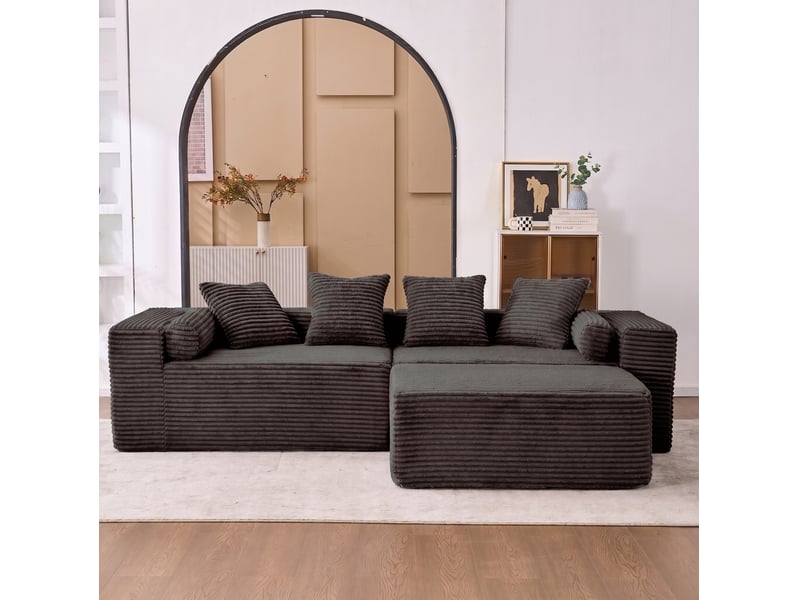  Canapé d’angle l modulaire 3 places avec chaise longue en tissu chenille noir  - Conforama B