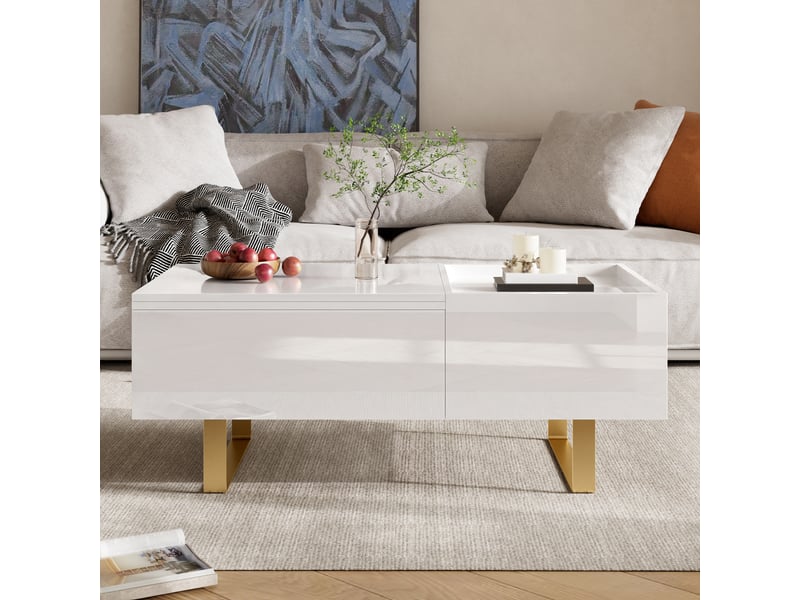 Table basse relevable mdf brillant - avec rangement, tiroir et pieds fer - moderne pour salon - Conforama D