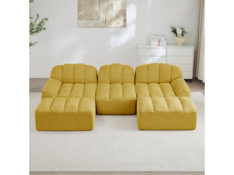  Canapé modulaire en u ulevr 3 places avec 2 poufs, mousse haute densité 32d, tissu bouclette jaune, 288 x 165 x 79 cm  - Conforama E