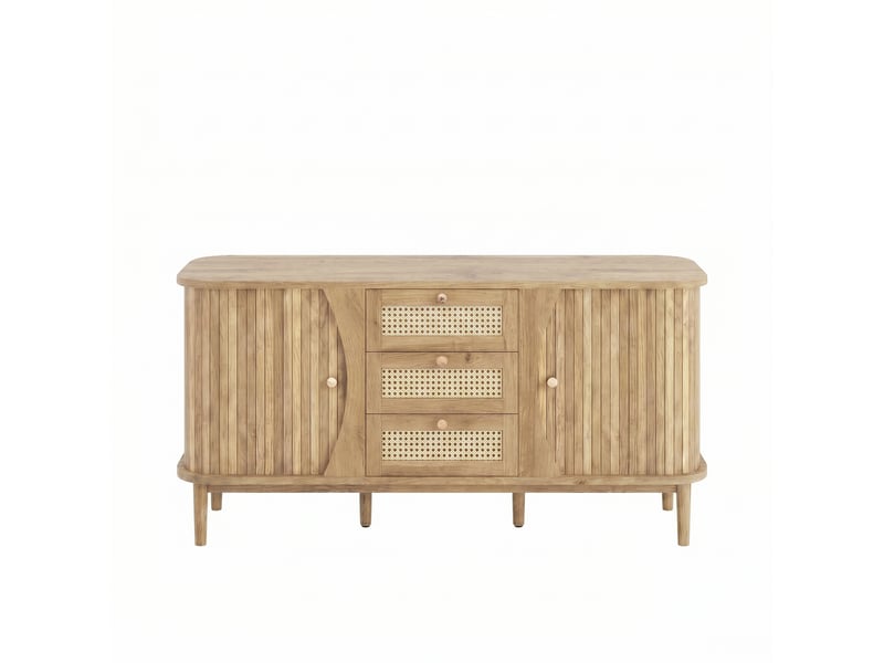 Buffet bas 140,5x40x76 cm - meuble de rangement en bois avec étagères réglables, portes coulissantes et 3 tiroirs cannage rotin- bois naturel - Conforama A