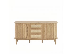Buffet bas 140,5x40x76 cm - meuble de rangement en bois avec étagères réglables, portes coulissantes et 3 tiroirs cannage rotin- bois naturel