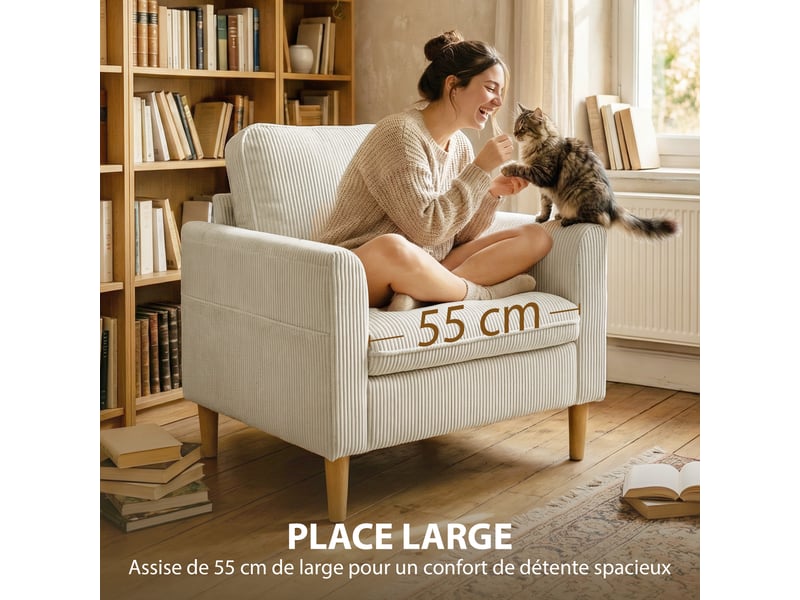 Fauteuil de salon en velours côtelé, 83x74x87cm, canapé 1 place rembourré avec assise large et coussin à ressorts, beige  - Conforama E