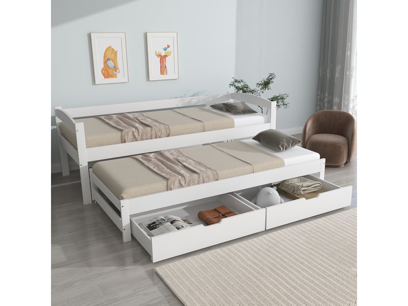  Lit gigogne 90 cmx190200 cm avec 2 tiroirs en mdf, lit simple et double, blanc, cadre de lit en bois massif  - Conforama C