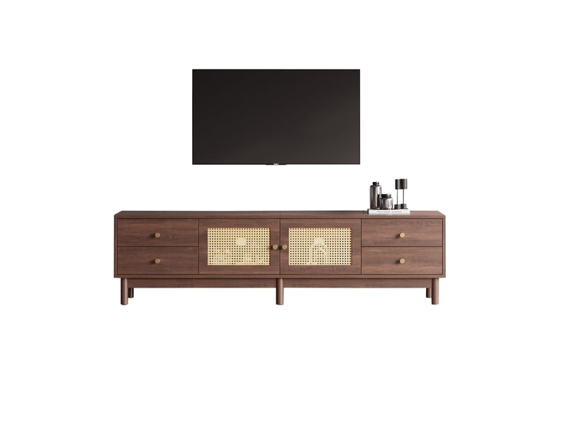  Meuble tv 180x35x44cm avec 4 tiroirs 2 portes rotin passage câbles 80 pouces panneau de particules marron  - Conforama A