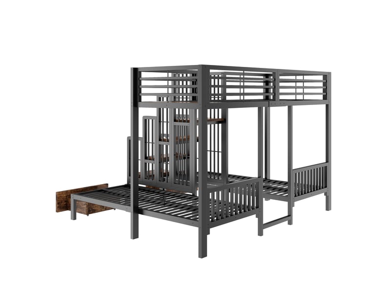 Lit superposé 3 places en métal et bois avec escalier, garde-corps et 2 tiroirs, 90x200 cm, sans matelas, noir - Conforama E