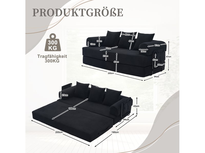  Canapé modulaire 3 places convertible avec poches latérales et 3 coussins en velours côtelé noir  - Conforama C