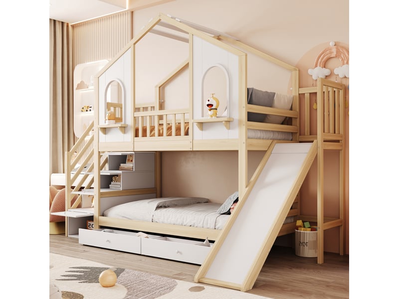  Lit superposé enfant 90x200 cm toboggan escalier rangement tiroirs, cadre maison, bois mdf, blanc naturel sans matelas  - Conforama D