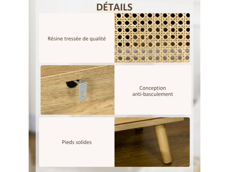  Table de chevet table de nuit avec placard porte cannage et niche design vintage naturel 39 x 35 x 60 cm  - Conforama R