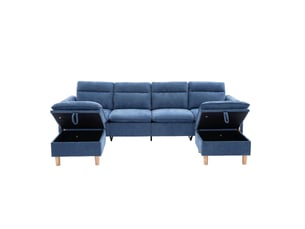 Grand canapé en u avec 2 poufs à rangement, modulable 4 places, pieds en bois, chenille bleu