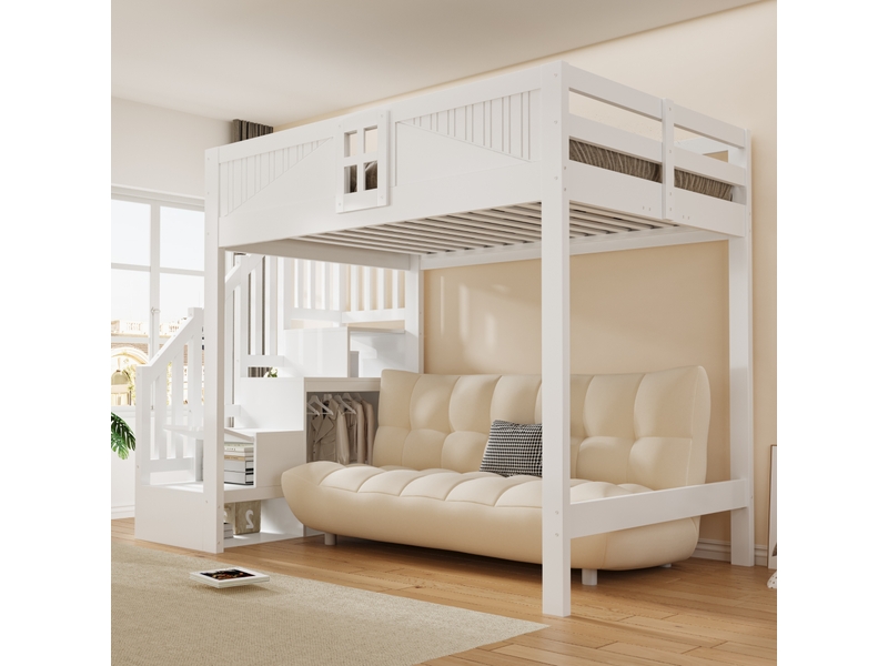  Lit mezzanine 140x200 cm en bois massif - rangement avec échelle réversible - garde-corps avec fenêtre - blanc  - Conforama R
