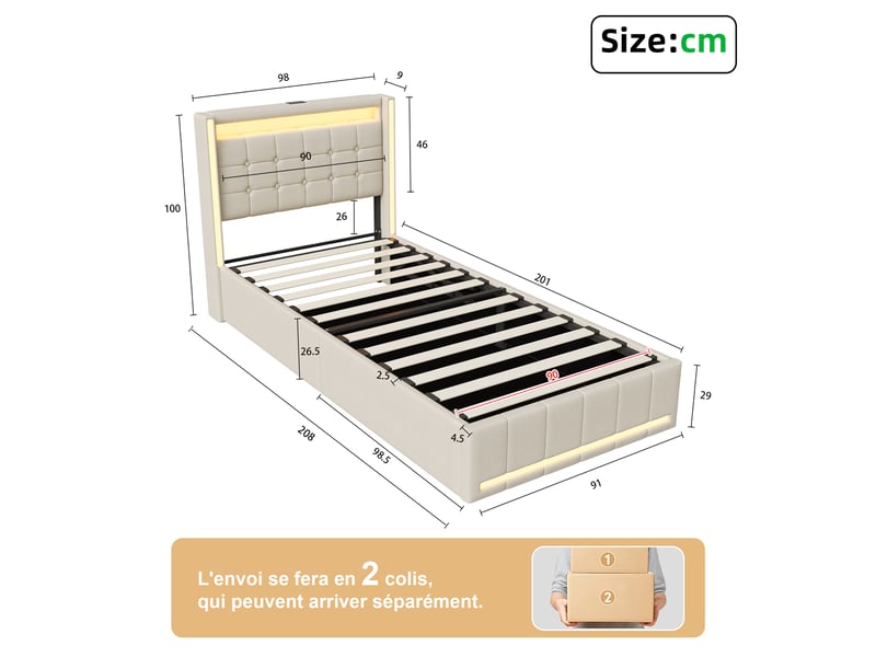  Lit coffre 90x200cm avec led, lit simple, lit rembourré hydraulique avec ports de recharge usb et type-c, lit capitonné avec sommier à lattes, beige  - Conforama C