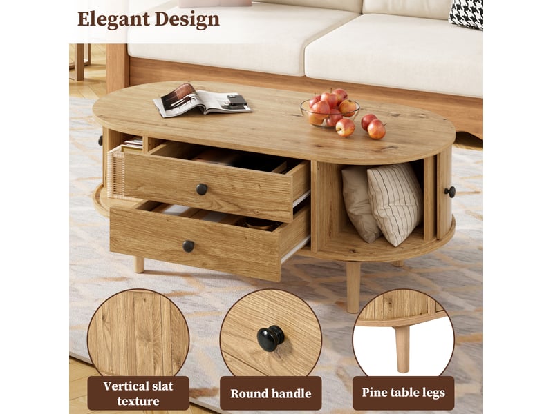  Table basse ovale style rétro moderne – 2 tiroirs et portes coulissantes – décor chêne – 100 x 50 x 40 cm  - Conforama E
