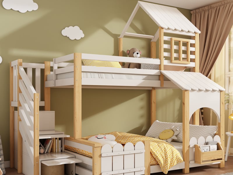  Lit superposé maison enfant 90x200+140x200 cm avec escalier-rangement, design jardin et bibliothèque  - Conforama B