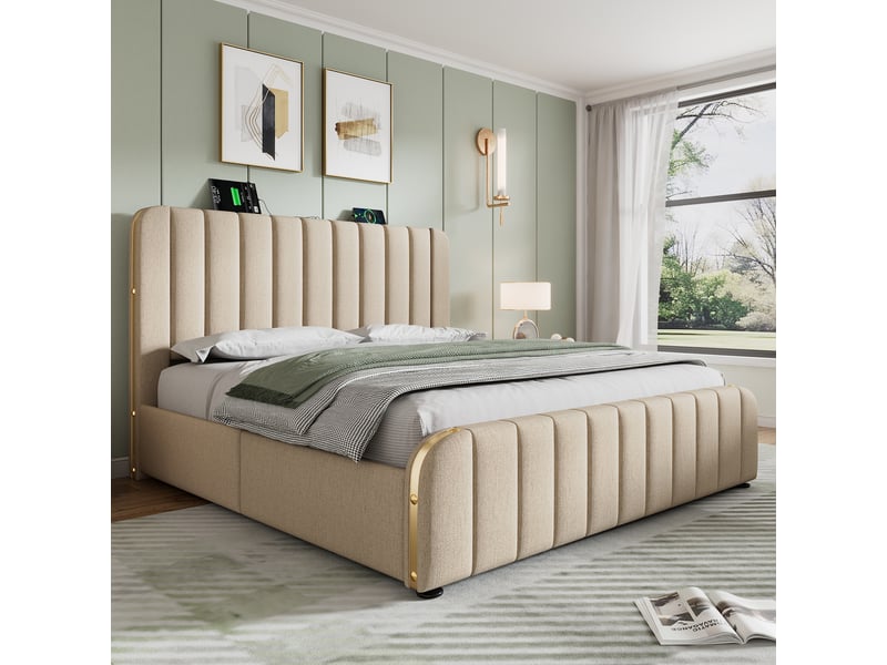  Lit double 160x200 cm, lit adulte, 4 tiroirs, usb type-c, bandes métalliques dorées, lin beige, matelas inclus  - Conforama B